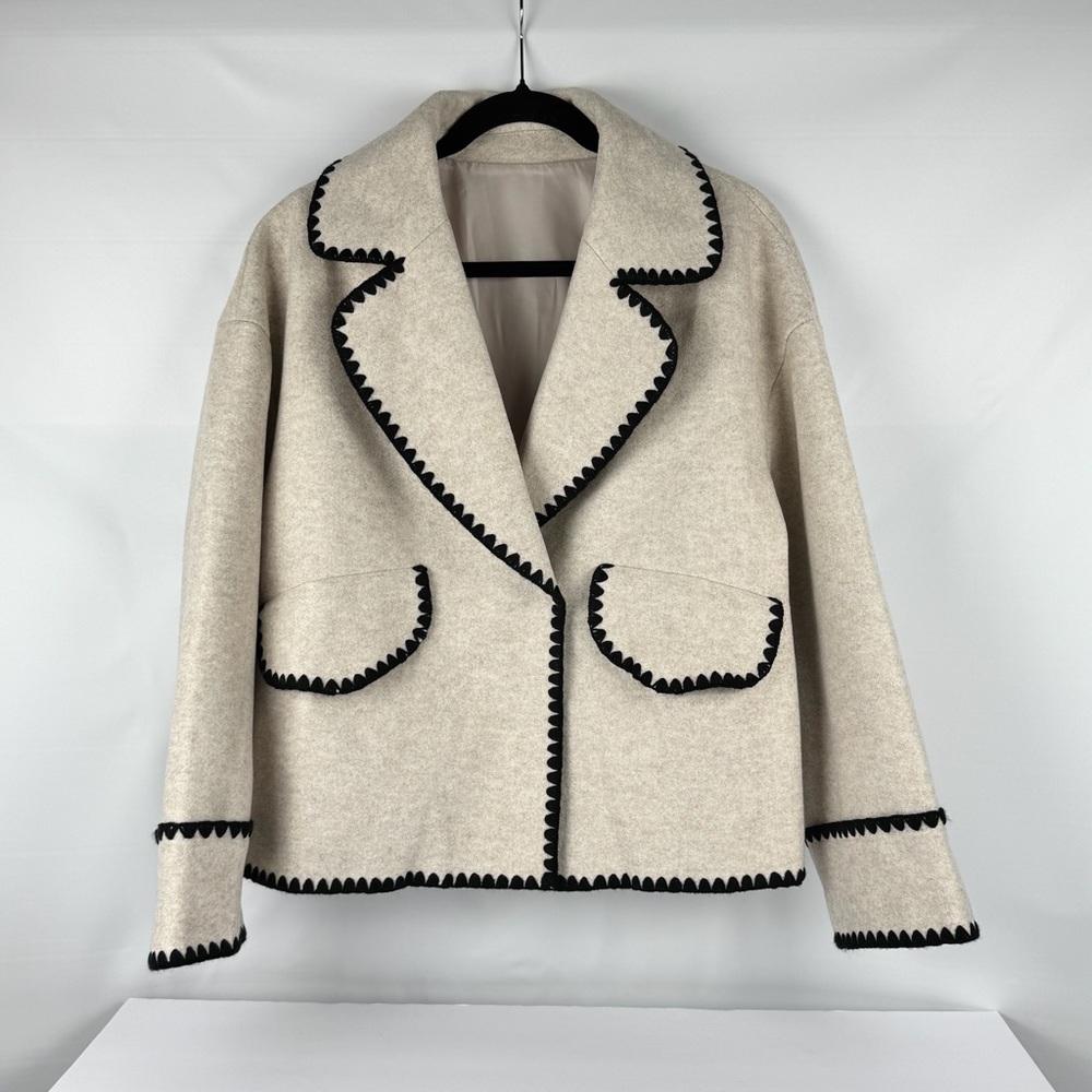 Women’s Cream Beige Textured Peacoat Jacket w/ Black Embroidered Trim & Pockets